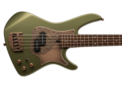 A bespoke, angular electric bass guitar, metallic olive green aluminum body, dark wenge neck, bronze pickguard, on a transparent background, premium musical instrument concept