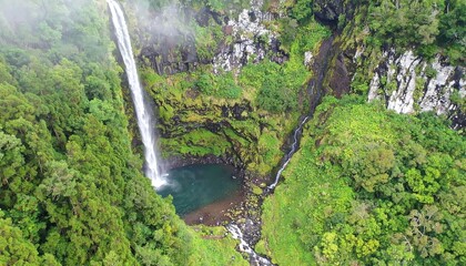 Verdant valley waterfall vista