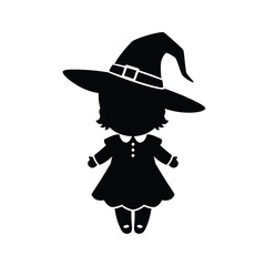 Black silhouette of a witch baby in a dress and hat