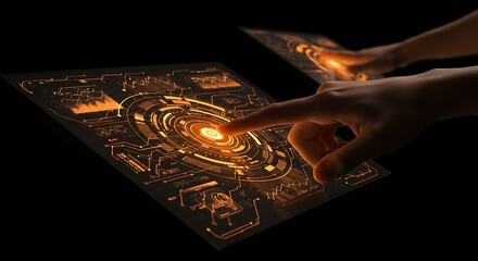 A glowing orange digital interface being activated by a human finger on a dark, futuristic background