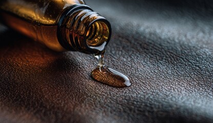 Amber liquid pouring from a bottle onto dark leather