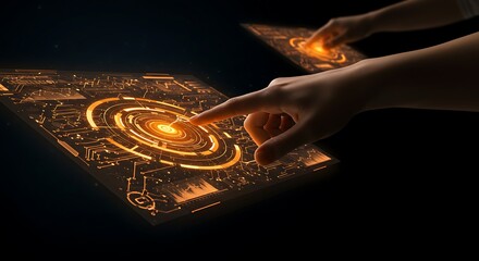 A glowing orange digital interface being activated by a human finger on a dark, futuristic background