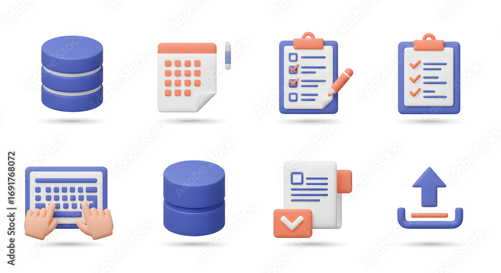 Poster a comprehensive collection of 3d render icons depicting essential digital tools for modern data mana
