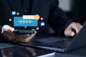 Voice of customer concept. E-commerce voice search optimization, VoC data collects customer feedback, VoC analysis, Consumer feedback and marketing communication.