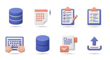 A comprehensive collection of 3D render icons depicting essential digital tools for modern data management, business operations, and online task organization and planning
