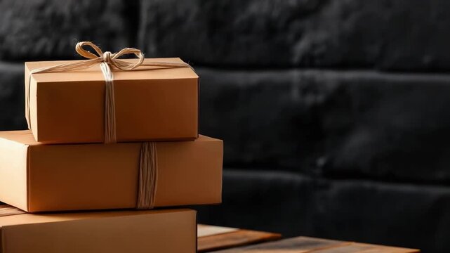 Three brown gift boxes stacked on a wooden surface, tied with twine, against a dark brick wall.