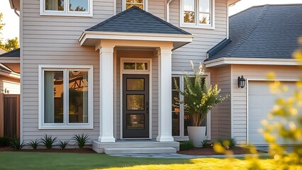 Modern suburban home with clean lines and soft morning light, surrounded by lush greenery.