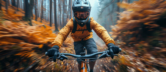 Mountain biker in autumn forest.