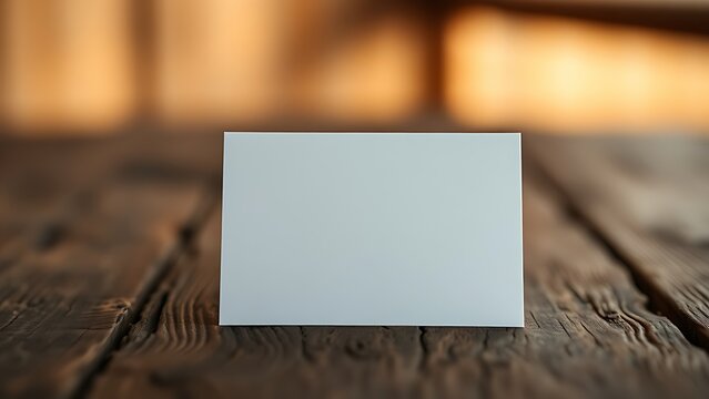 Blank greeting card resting on a rustic wooden surface with warm ambient light.
