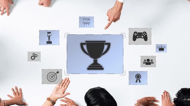 A dynamic representation of teamwork and achievement featuring hands pointing at a trophy icon, signifying success in a collaborative effort and shared goals. Raster