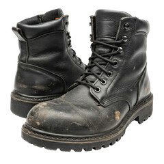 Pair of Black Leather Work Boots with Dirt and Scratches on Transparent Background Studio Shot Detailed View