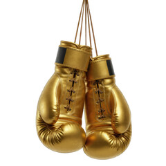Pair of Gold Boxing Gloves Hanging on Black Background Detailed Close Up Studio Shot of Sport Equipment with Shiny Metallic Texture and Laces