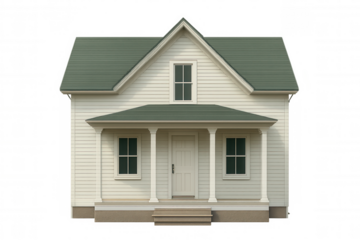 Vintage green-roofed american house with welcoming wooden porch, architectural visualization showcasing nostalgic residential design