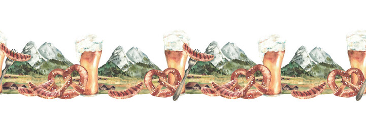 Watercolor Beer with sausage and pretzel against of alpine mountains landscape seamless border. Zugspitze Bavarian nature with Oktoberfest drink and snack. Hand drawn pattern isolated from background