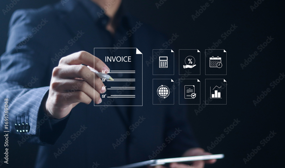 Poster e-invoice and online digital statements concept. businessman with digital invoice management system 