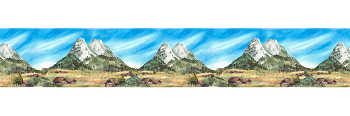Watercolor Alpine mountains rural landscape seamless border. Zugspitze with blue sky and Cabins on hills and fields pattern. German Bavarian traditional landmark. Isolated from background illustration