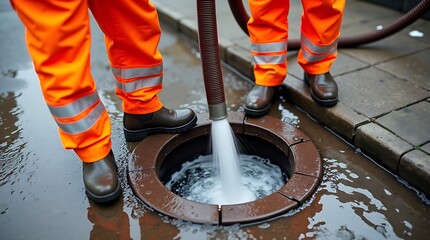 Workers in bright orange safety pants and boots use a high pressure hose to clean a sewer drain on a wet city street
