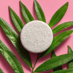 Circular Stone with Green Leaves on Pink