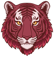 Obraz premium Powerful stylized tiger head with piercing yellow eyes and detailed mane in crimson tones