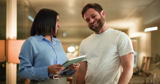 Business people, night or tablet with high five for success, teamwork or good job in office. Businessman, woman and celebration with technology in late evening for project completion or done deadline