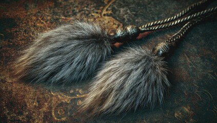 Two gray fur tassels on a textured surface