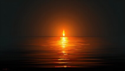 Fototapeta premium A single flame, reflecting on still water, against a dark, muted background