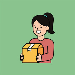 Illustration of a woman with black hair in a ponytail, wearing a red shirt, and holding a yellow box with a white stripe against a green background.