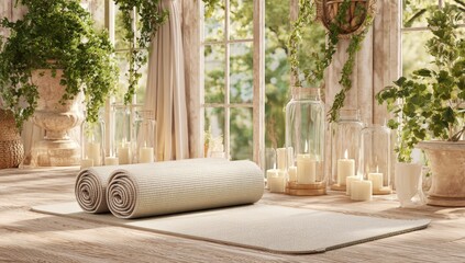 Light-filled room with rolled yoga mats