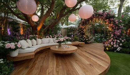 Outdoor garden party with curved seating, wood deck, and floral decor
