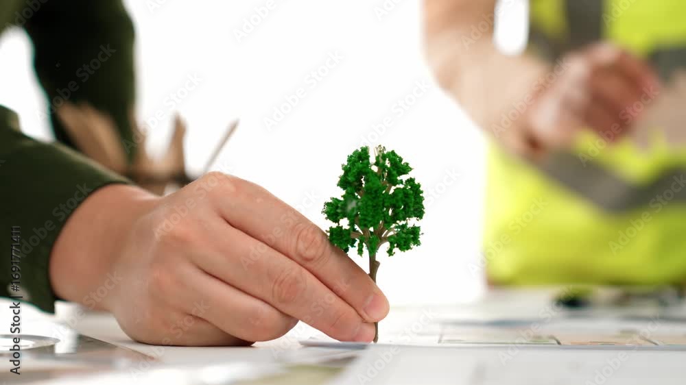 Aufkleber a video of architect using tree and home model to measure blueprint. architect designing house const