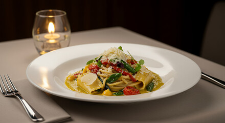 Plate of spaghetti pasta with cherry tomatoes basil and Parmesan cheese served on a white dish with a fork on the side and a lit candle in a glass holder in the background