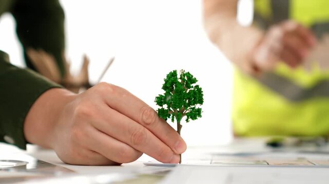 A video of architect using tree and home model to measure blueprint. Architect designing house construction on a table at studio, with architectural plan scattered around. Focus on hand. Delineation.