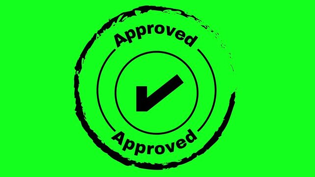 High quality green screen background with bold black approved stamp and check mark icon, isolated design for editing and motion graphics.