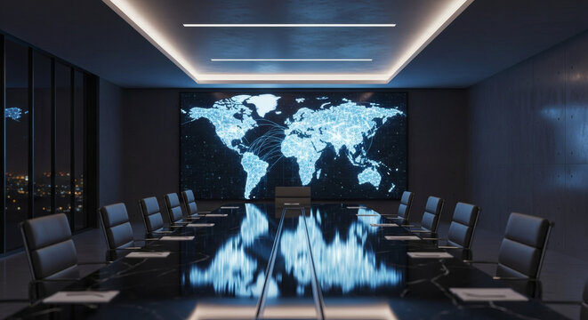 Modern, high-tech boardroom for global business strategy, featuring a large illuminated digital world map and a sophisticated, futuristic design.