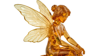 Amber fairy figurine with transparent wings  delicate sitting fantasy sculpture isolated on the transparent background