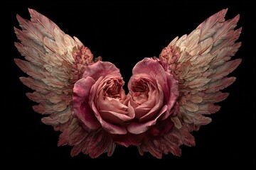 A heart-shaped bouquet of pink roses and other blossoms with delicate petals and wings, symbolizing love's beauty in full bloom