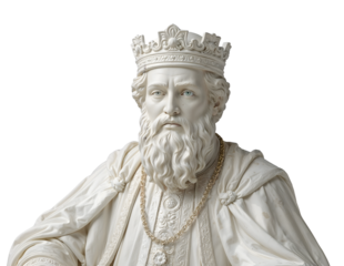 Majestic marble king sculpture with crown and ornate robe isolated on white, royalty monument, classical art, regal portrait, historic noble figure