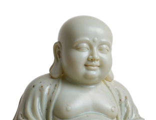 Serene white jade laughing buddha statue isolated on the transparent background, symbol of happiness and good fortune in asian spiritual art