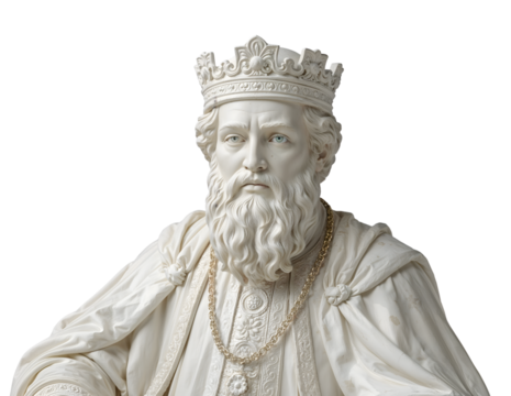 Majestic marble king sculpture with crown and ornate robe isolated on white, royalty monument, classical art, regal portrait, historic noble figure - Powered by Adobe