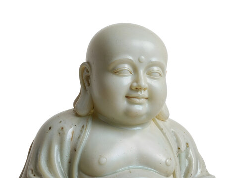 Serene white jade laughing buddha statue isolated on the transparent background, symbol of happiness and good fortune in asian spiritual art