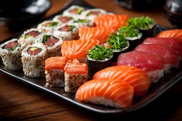 Freshly rolled Japanese salmon sushi appetizers on a white plate