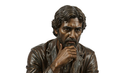Pensive bronze sculpture of bearded man with wavy hair in leather jacket isolated on the transparent background