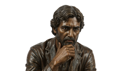Pensive bronze sculpture of bearded man with wavy hair in leather jacket isolated on the transparent background