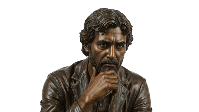Pensive bronze sculpture of bearded man with wavy hair in leather jacket isolated on the transparent background - Powered by Adobe