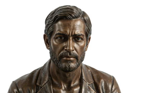 Realistic bronze male bust isolated on the transparent background, mature bearded man statue, contemporary sculpture art concept