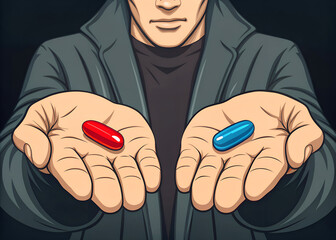 Man offering a choice between a red pill and a blue pill representing decisions and reality