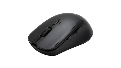 Modern black wireless computer mouse with scroll wheel and side buttons isolated on the transparent background