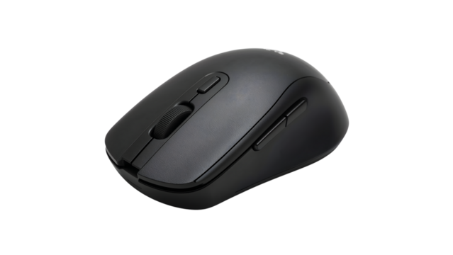 Modern black wireless computer mouse with scroll wheel and side buttons isolated on the transparent background