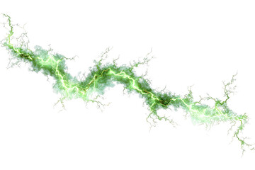 Dynamic green lightning strike with electric energy on a white background.