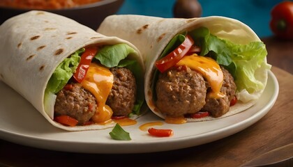 meatball wrap with lettuce, cheese, and peppers